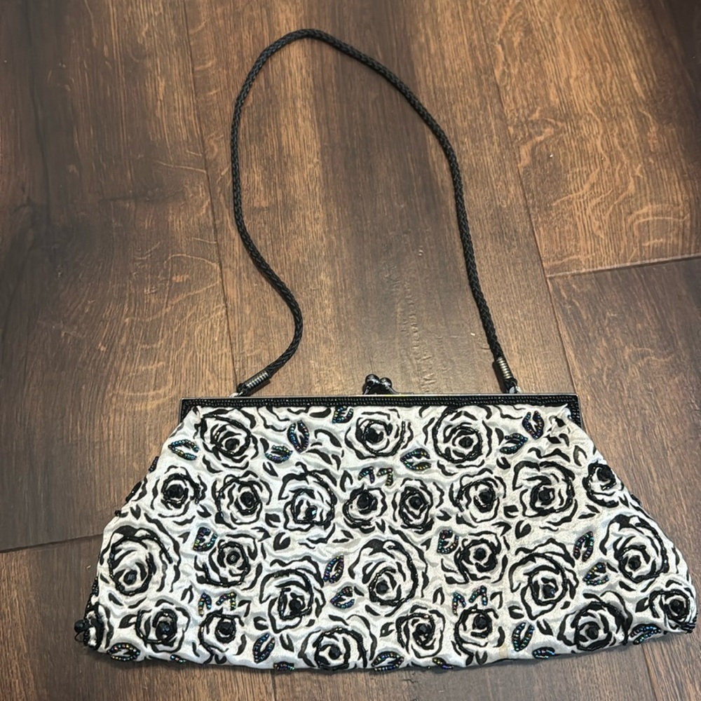 Lancôme Floral Wristlet Clutch White Satin Beaded Bag